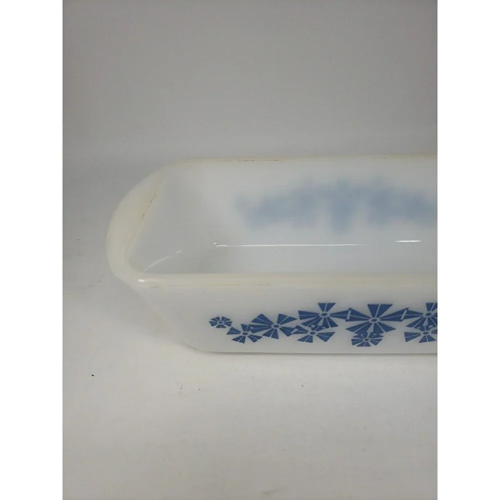 Vintage 1950s Glasbake J522 Loaf Pan Milk Glass Star Snowflake Blue Design MCM